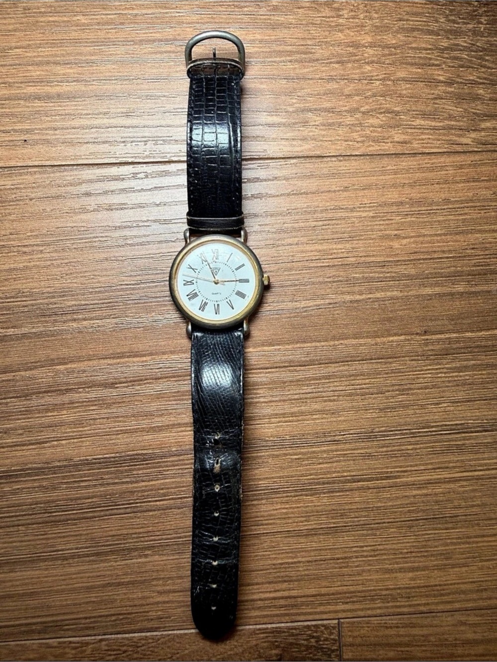 GUESS Leather Strap Watch in Black & Gold